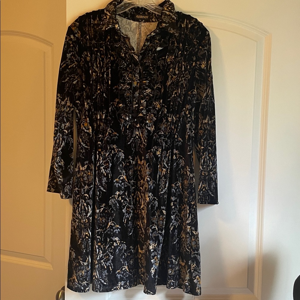 Reborn Black and Gold Patterned Long Sleeve Tunic Dress Size Small - Picture 1 of 8